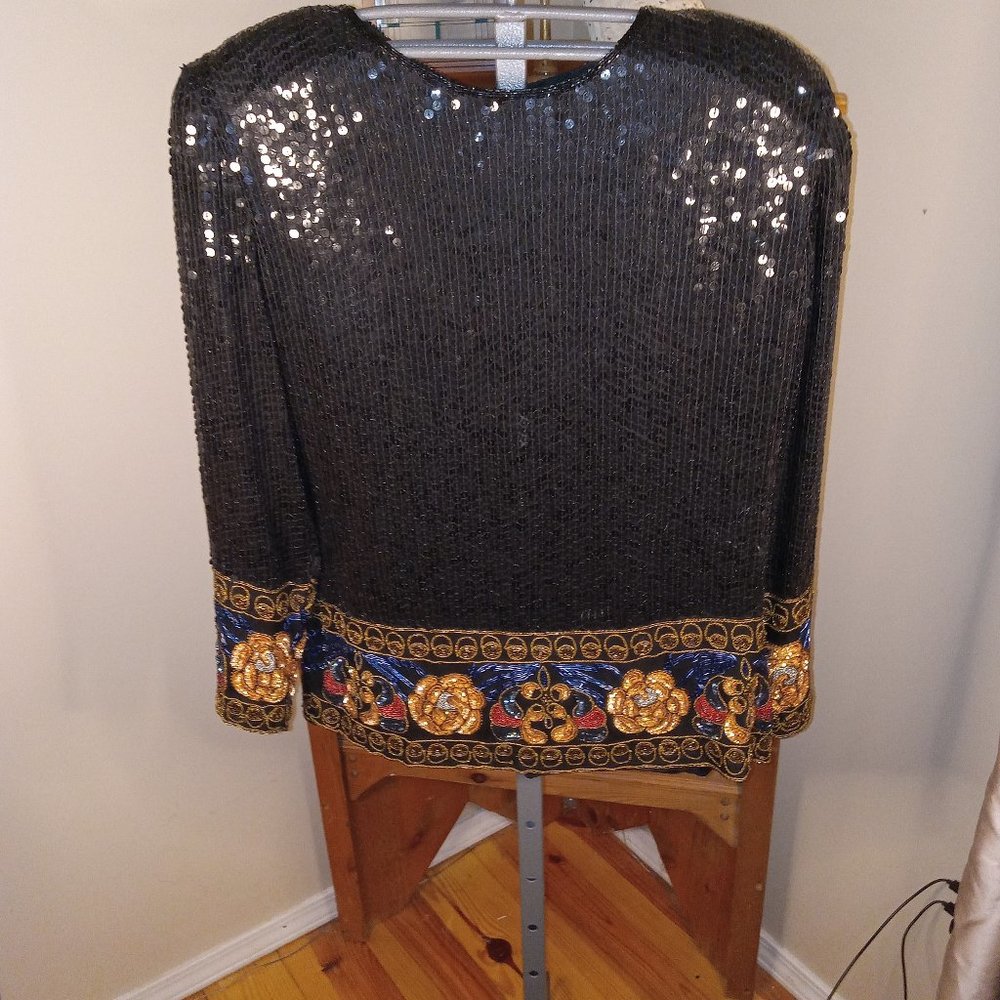 1980's Lauren Alexandra Pure Sequenced Silk  Blouse Made In INDIA Size Medium